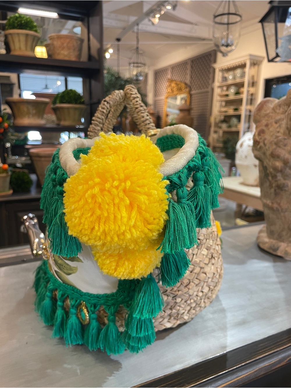 Tizzini x Authentic Provence Woven Straw Tote with Green Fringe and Yellow Poms - Picture 3 of 10
